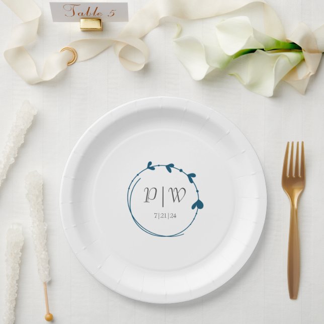 Assiettes En Carton Turquoise Bleu Simple Coeur Wreath Monogramme Mari (Mariage)