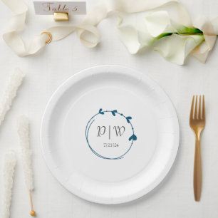 Assiettes En Carton Turquoise Bleu Simple Monogramme Coeur Mariage de 
