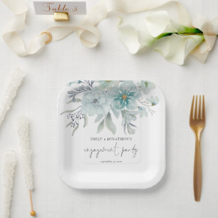 Assiettes En Carton Turquoise Blue Sea Mist Florals Script
