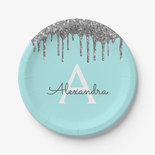 Assiettes En Carton Turquoise Blue Silver Parties scintillant Monogram (Devant)