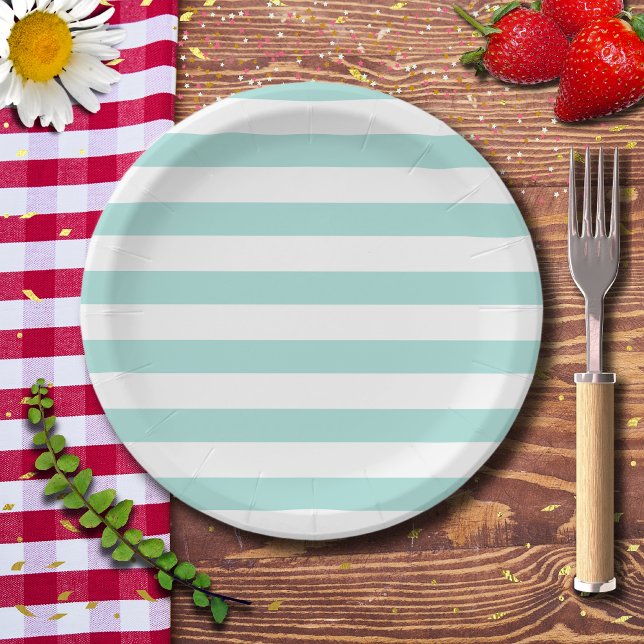 Assiettes En Carton Turquoise clair et rayé horizontal large blanc (Créateur téléchargé)