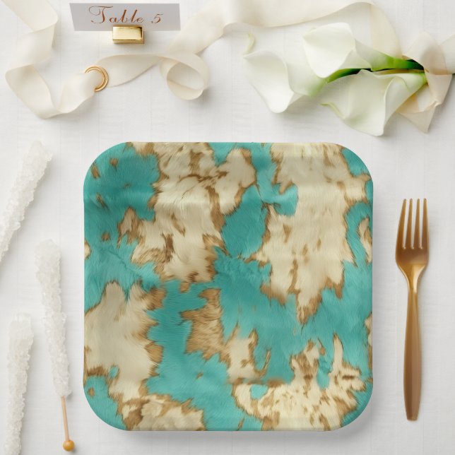 Assiettes En Carton Turquoise Crème Animal Cowhide Western Cowgirl (Mariage)