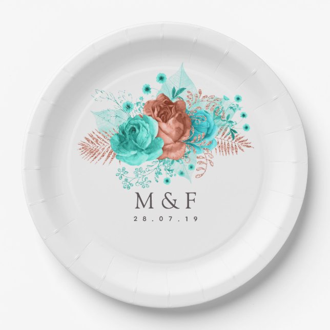 Assiettes En Carton Turquoise et Coral Tropical Floral Mariage (Devant)