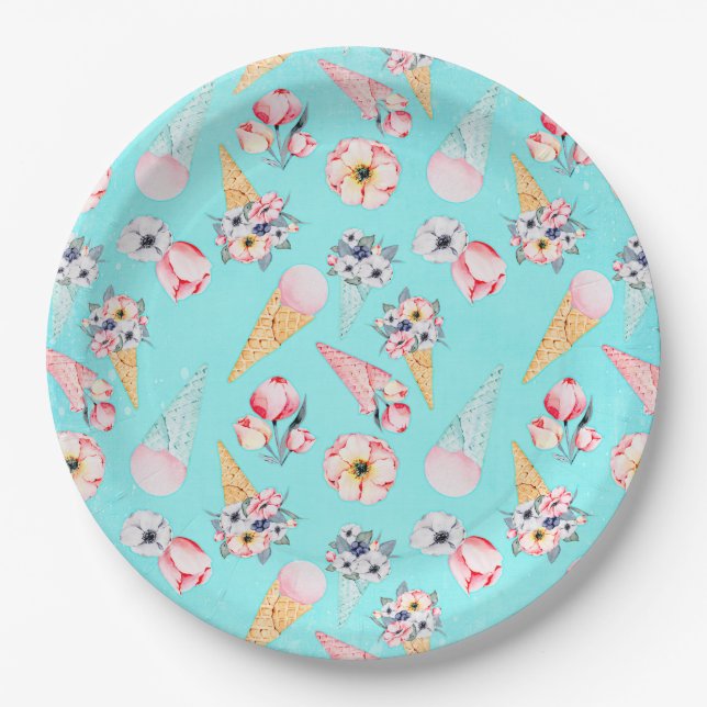 Assiettes En Carton Turquoise Été Fun Flower Ice Cream Cone - Motif (Devant)