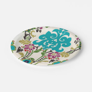 Assiettes En Carton Turquoise florale de prune de motifs de damassé