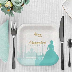 Assiettes En Carton Turquoise & Gold Arabian Quinceañera