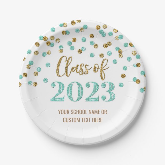 Assiettes En Carton Turquoise Gold Confetti Graduation 2023 (Devant)