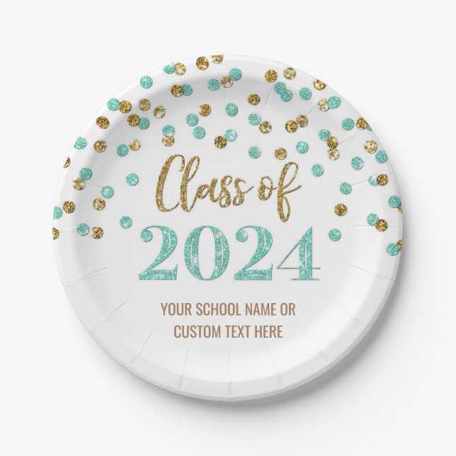 Assiettes En Carton Turquoise Gold Confetti Graduation 2024 (Devant)