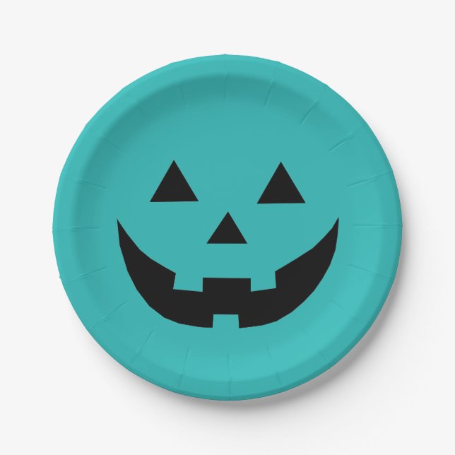 Assiettes En Carton Turquoise Jack-o'-lantern visage citrouille amusan (Devant)
