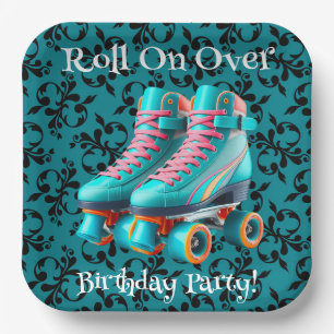 Assiettes En Carton Turquoise Neon Rollerskate fête d'anniversaire