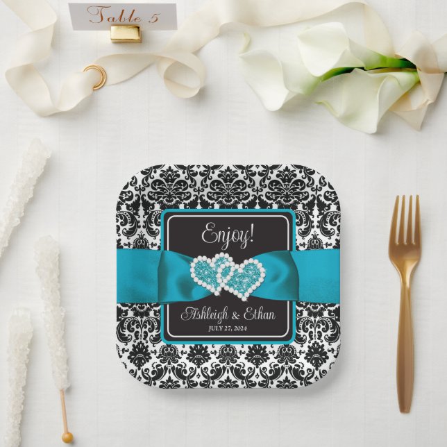 Assiettes En Carton Turquoise, Noir Damask Love Hearve Mariage (Mariage)