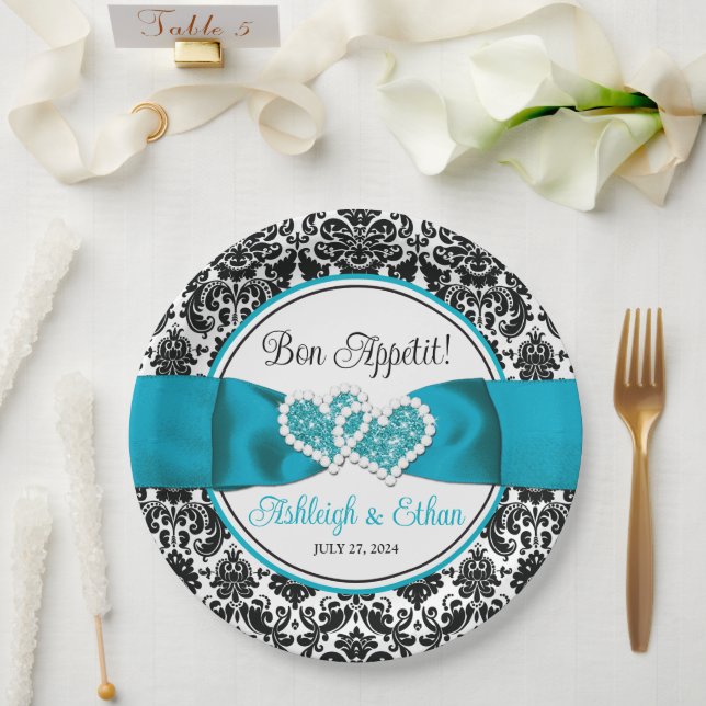 Assiettes En Carton Turquoise, Noir Damask Love Hearve Mariage (Mariage)