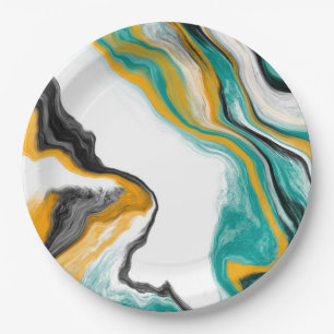 Assiettes En Carton Turquoise, Or, Marbre Fluide Art
