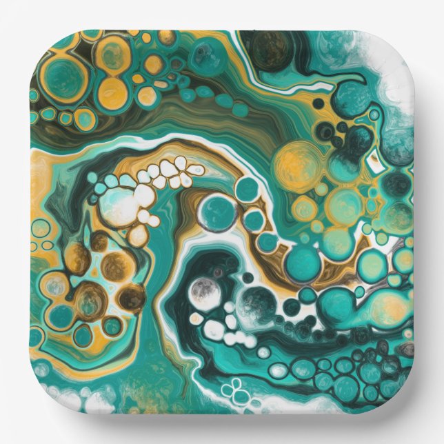 Assiettes En Carton Turquoise, Or, Marbre Fluide Art (Recto)