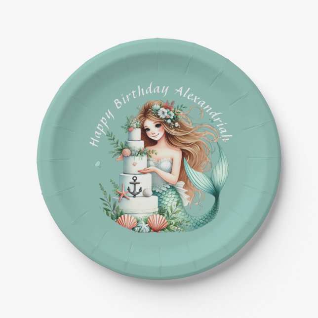 Assiettes En Carton Turquoise personnalisé Mermaid Beach Anniversaire  (Devant)