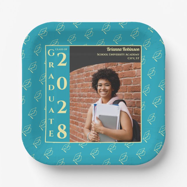 Assiettes En Carton Turquoise Photo Modern Graduation Cap Party (Recto)