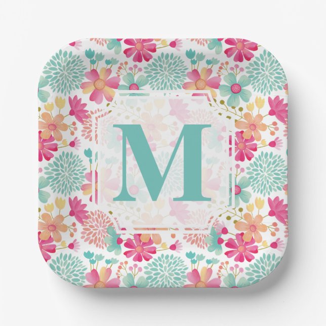 Assiettes En Carton Turquoise Pink Painted Floral monogram Napkins (Recto)