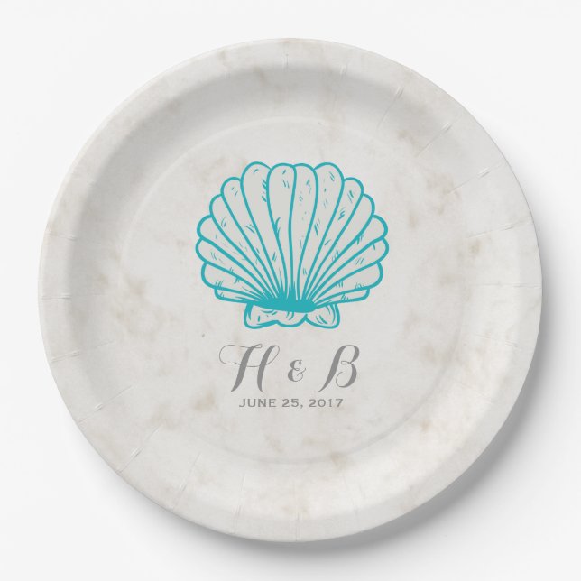 Assiettes En Carton Turquoise Rustic Seashell Mariage (Devant)