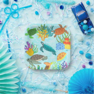 Assiettes En Carton Turquoise Sarcelle Tortues Marines Océan Coraux