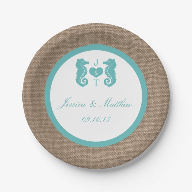Assiettes En Carton Turquoise Seahorse Burlap Beach Wedding Collection (Devant)