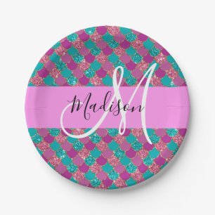 Assiettes En Carton Turquoise Topaze Sirène Paillettes Monogramme