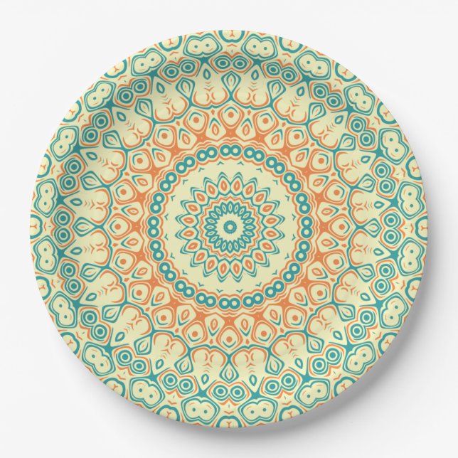 Assiettes En Carton Turquoise tropical et Motif Mandala orange (Devant)