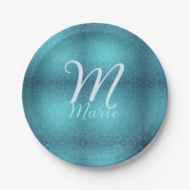 Assiettes En Carton Turquoise turquoise agate aqua monogramme ajouter  (Devant)