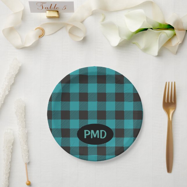 Assiettes En Carton Turquoise Turquoise Bleu Bleu Buffalo Plaid Monogr (Mariage)