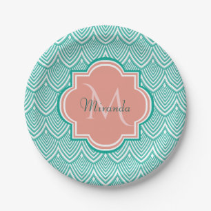 Assiettes En Carton Turquoise Vert Art Déco Poissons Écailles Rose Mon