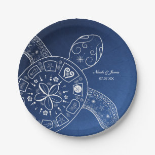 Assiettes En Carton Turtle de la mer d'Hawaii blanc sur Blue Beach Mar