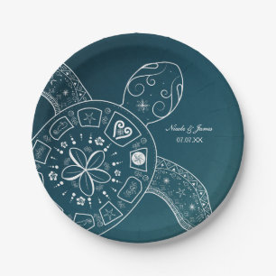Assiettes En Carton Turtle de la mer d'Hawaii blanc sur la plage Turqu
