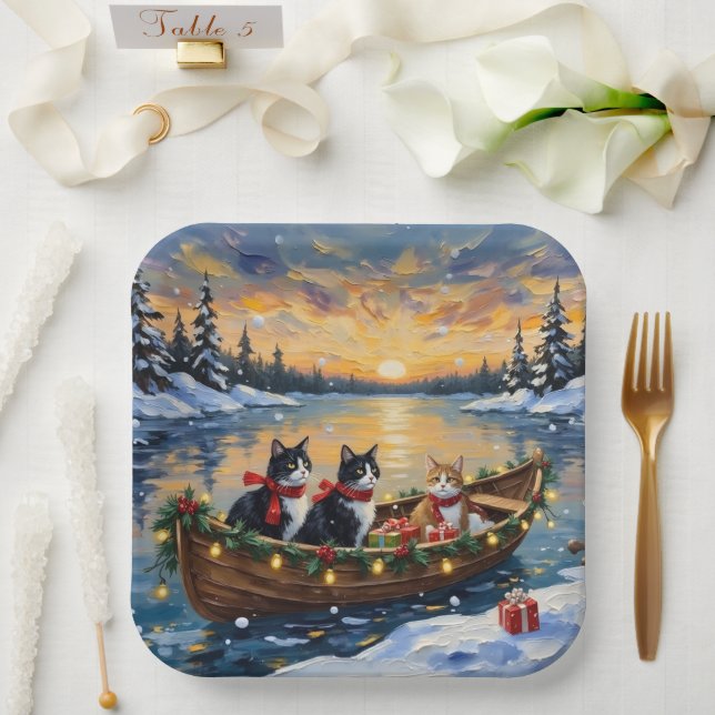 Assiettes En Carton Tuxedo Cat Christmas Boat Holiday (Mariage)