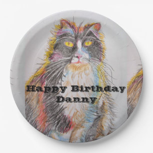 Assiettes En Carton Tuxedo Chat Aquarelle Anniversaire Plaque papier