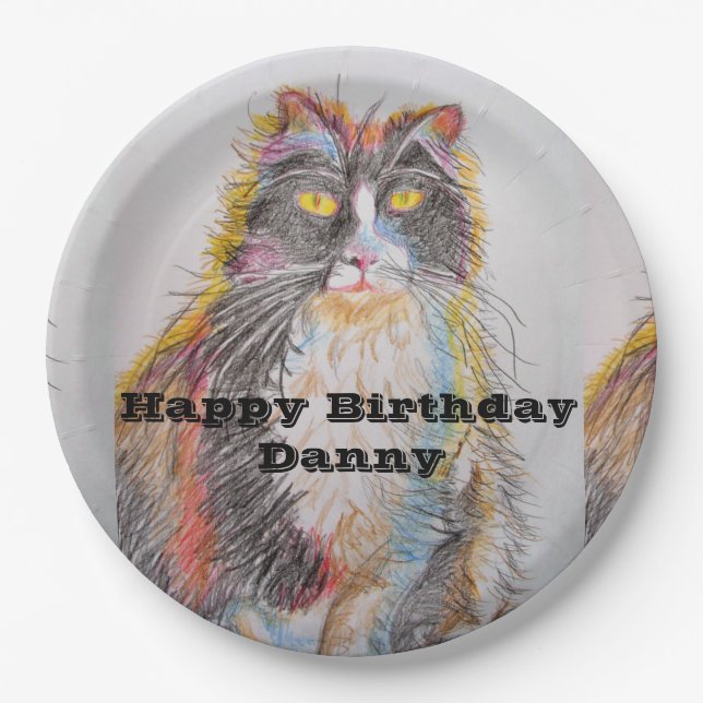 Assiettes En Carton Tuxedo Chat Aquarelle Anniversaire Plaque papier (Devant)
