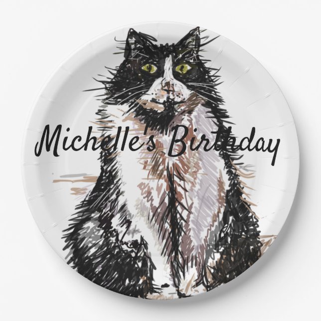 Assiettes En Carton Tuxedo Chat Dessin art Anniversaire Plaque papier (Devant)