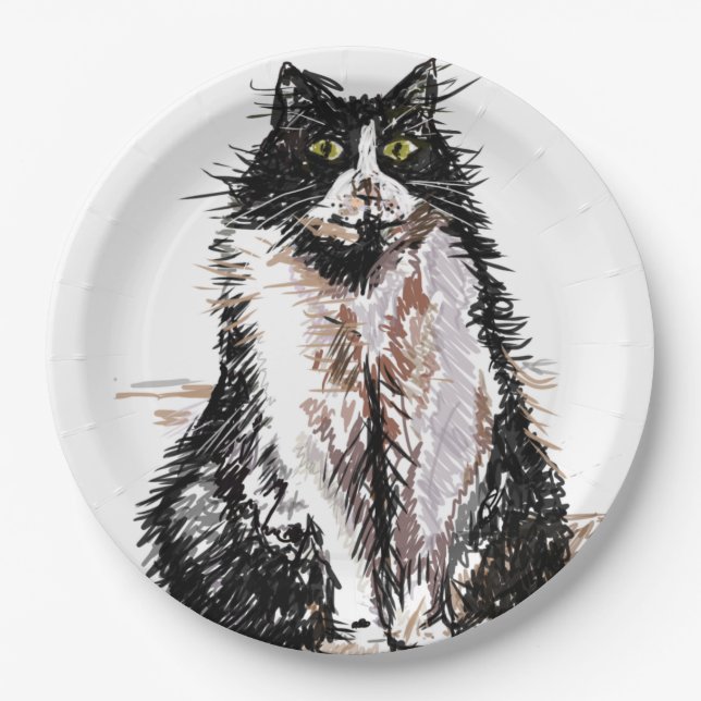 Assiettes En Carton Tuxedo Chat Dessin art Anniversaire Plaque papier (Devant)