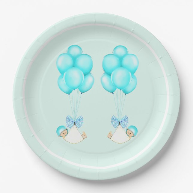 Assiettes En Carton Twin Boys Blue Balloons Baby shower (Devant)