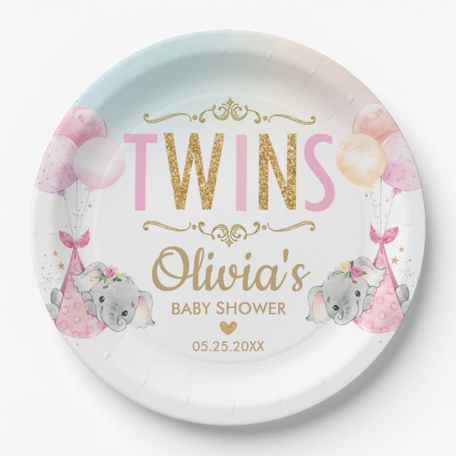 Assiettes En Carton Twin Girls Elephant Baby shower Saupoudrer Whimsic (Devant)