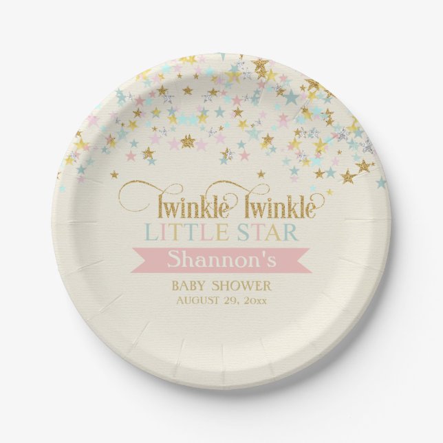 Assiettes En Carton Twinkle Little Star Baby shower Gold Aqua rose (Devant)