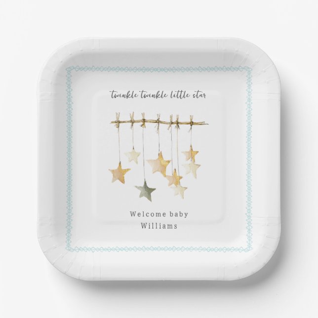 Assiettes En Carton Twinkle Little Star Boho Blue Boy Baby Shower (Recto)