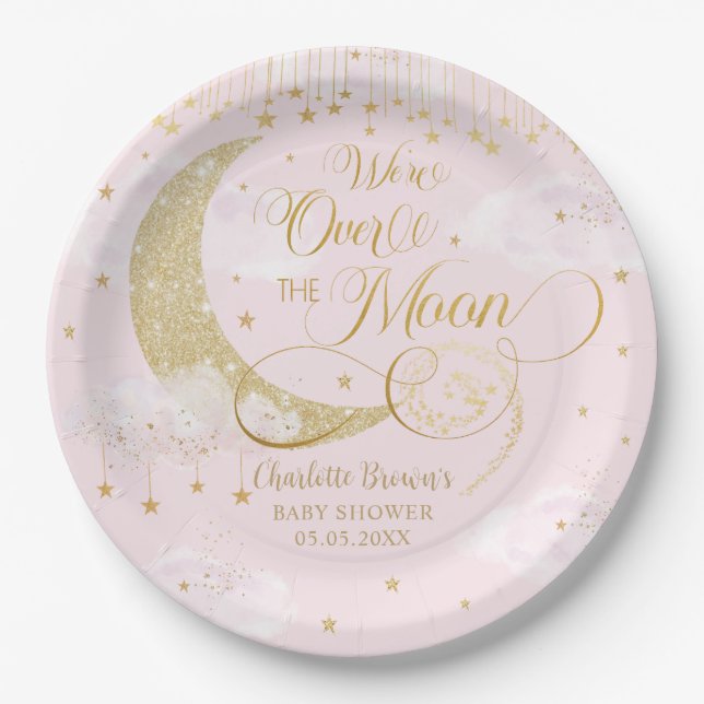 Assiettes En Carton Twinkle Little Stars Moon Pastel Pink Baby Shower (Devant)