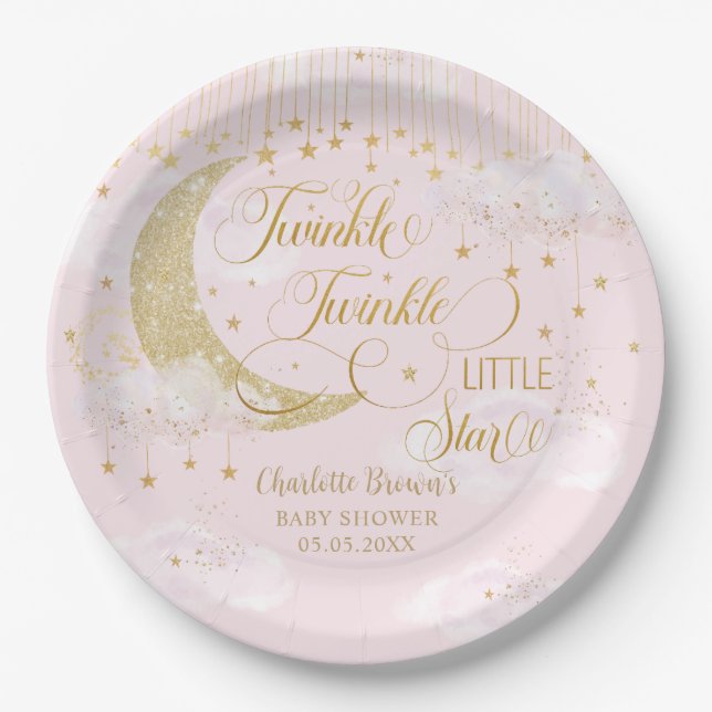 Assiettes En Carton Twinkle Little Stars Moon Pastel Pink Baby Shower (Devant)