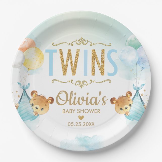 Assiettes En Carton Twins Baby Boys mignons Bears Balloons Baby shower (Devant)