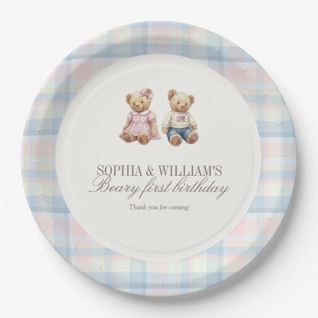 Assiettes En Carton Twins Beary First Teddy Bear Birthday Plates  (Devant)