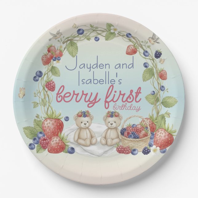 Assiettes En Carton Twins Berry First 1st Birthday Party Paper Plate (Devant)