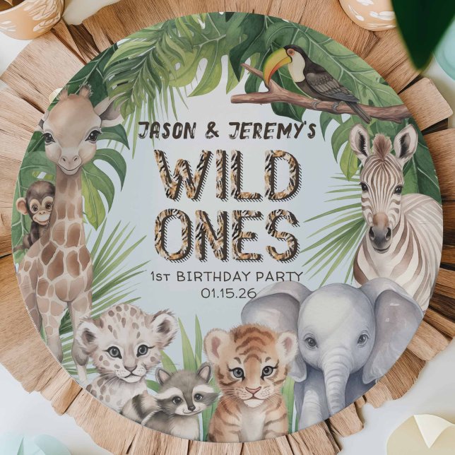 Assiettes En Carton Twins Blue wild one jungle animaux 1er anniversair (Twins, 1st birthday celebration paper plates, Safari themed blue first birthday for baby boy)