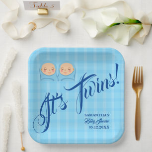 Assiettes En Carton Twins Boys Baby shower Party Blue.