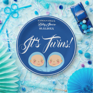 Assiettes En Carton Twins Boys Baby shower Party Blue.