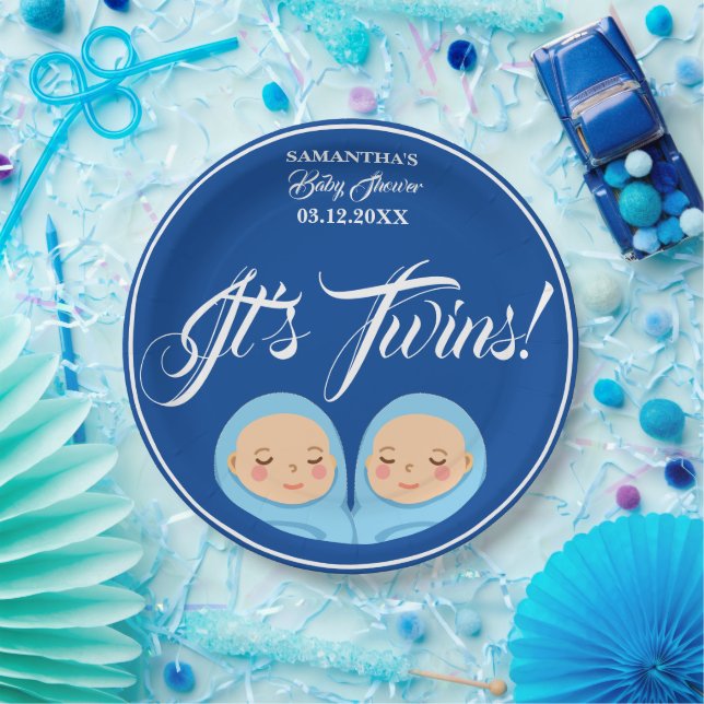 Assiettes En Carton Twins Boys Baby shower Party Blue. (Fête)