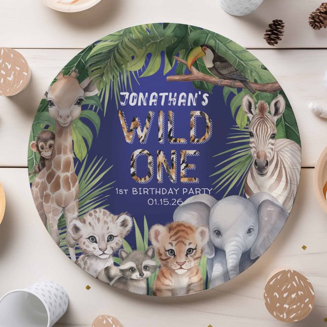 Assiettes En Carton Twins Wild one Navy blue Jungle 1er anniversaire s (Créateur téléchargé)